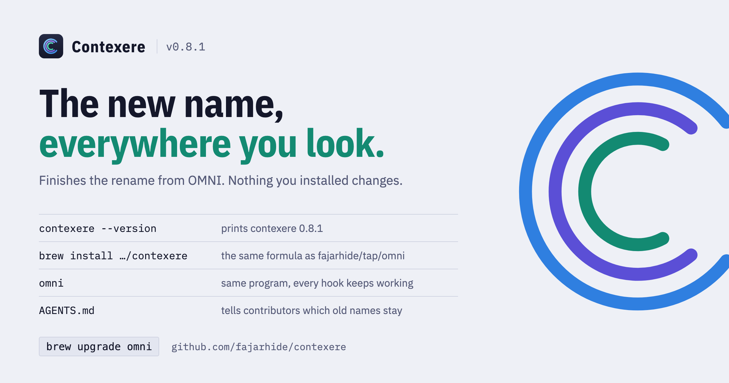 Contexere v0.8.1 release card: the new name, everywhere you look