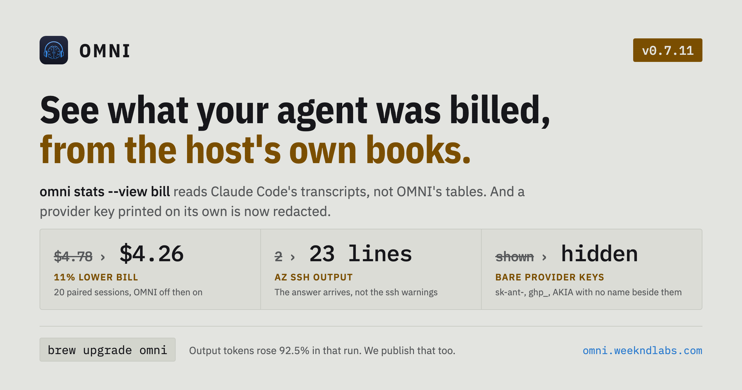 OMNI v0.7.11 release card: see what your agent was billed, from the host's own books