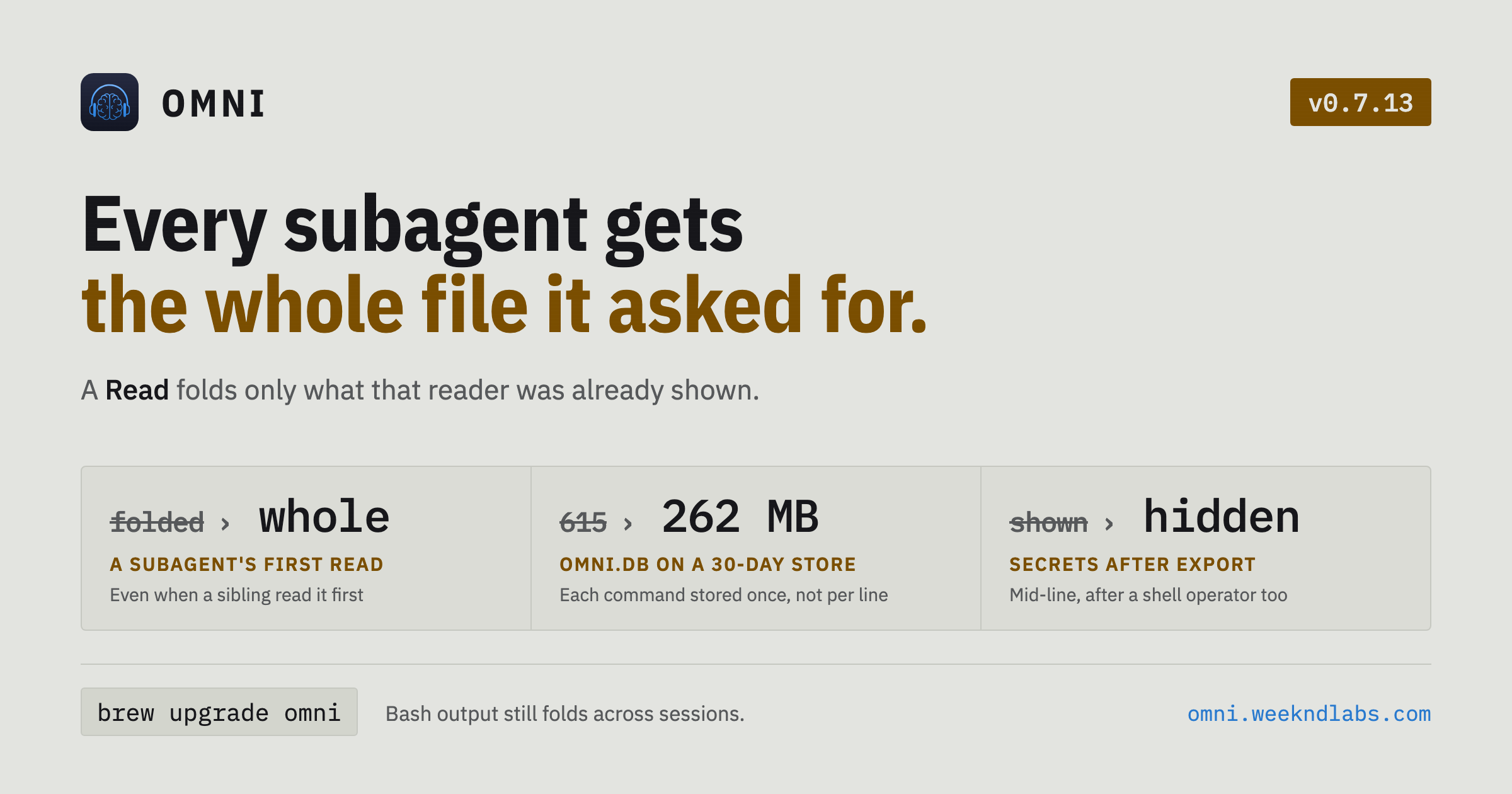 OMNI v0.7.13 release card: every subagent gets the whole file it asked for